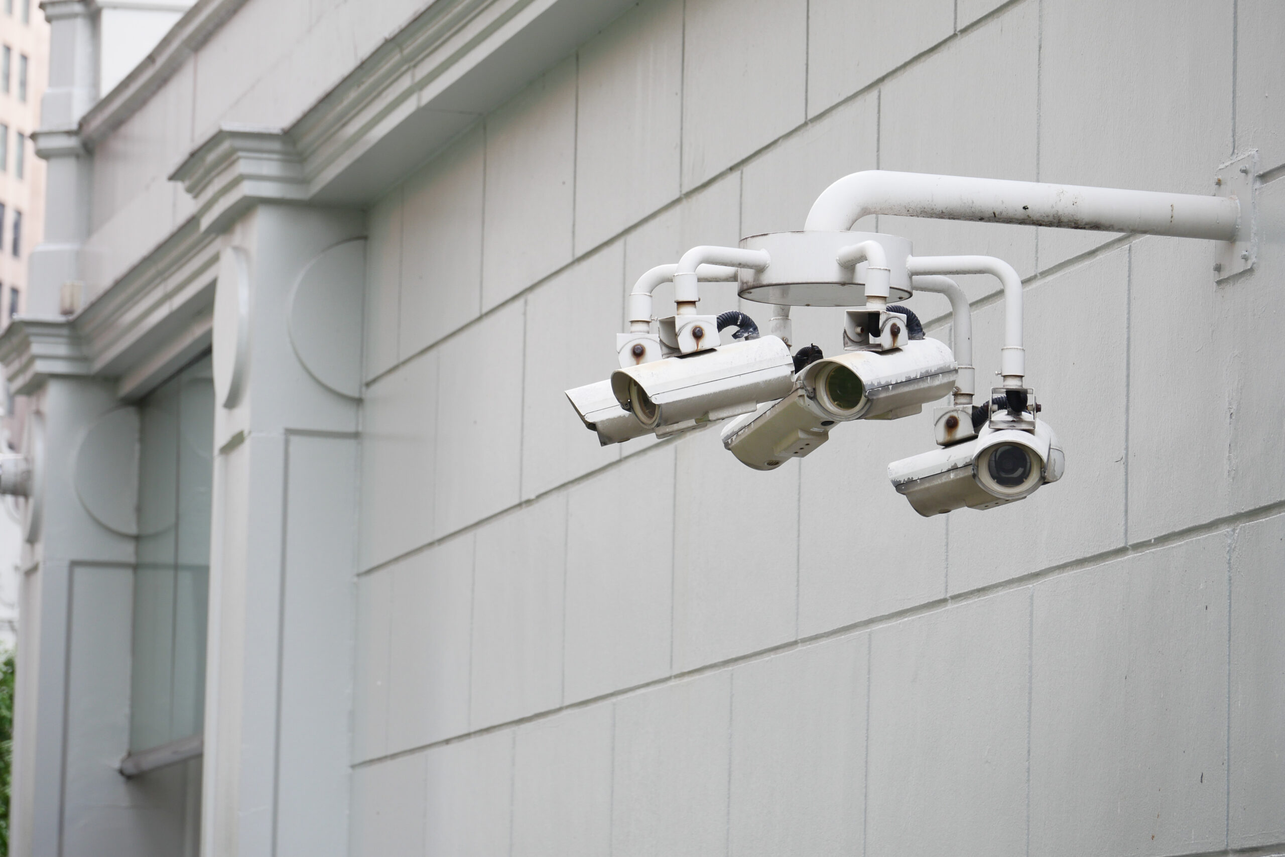 five CCTV security camera operating outside of the tube station CCTV security camera operating outdoor ,